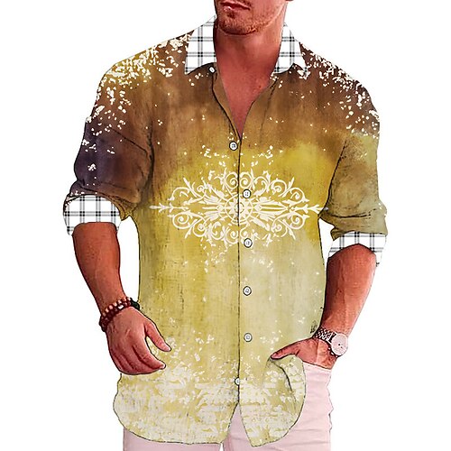 

Men's Shirt Linen Shirt Floral Graphic Prints Turndown Yellow Blue Outdoor Street Long Sleeve Print Clothing Apparel Linen Fashion Streetwear Designer Casual