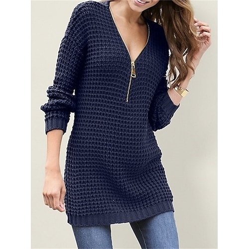 

Pull Maille Femme Grosse maille Tricoter Tunique Zippé Couleur unie Col V mode Décontractées Extérieur du quotidien manche longue Eté Automne Noir Blanche S M L