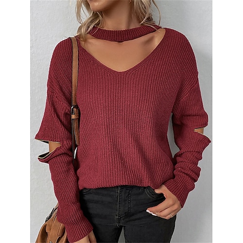 

Mujer Suéter de punto Puente Estriado Tejer Cremallera Agujero Color sólido Escote en Pico Elegante Casual Exterior Diario Verano Otoño Negro Vino S M L
