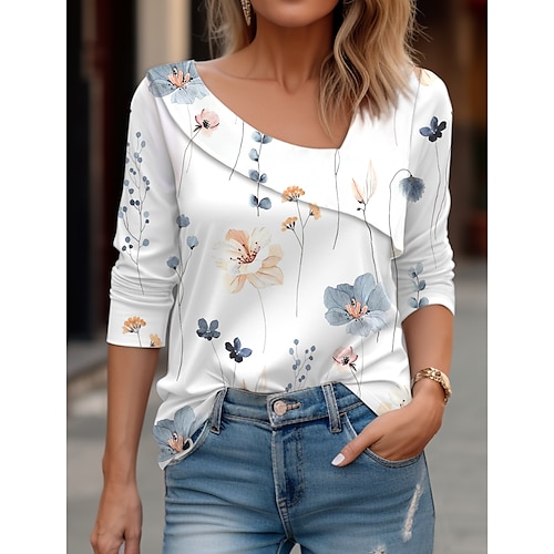 

Women's T shirt Tee White Pink Blue Floral Print Long Sleeve Holiday Weekend Basic V Neck Regular Floral Painting S