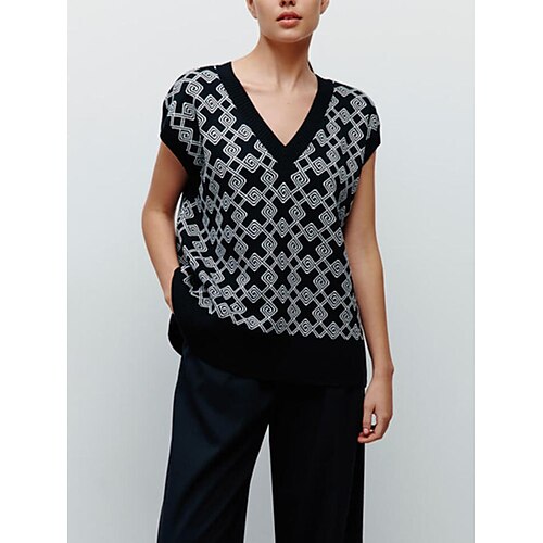 

Mujer Chaleco suéter Puente Croché Tejer Estampado Plaid Escote en Pico Sensual Casual Diario Festivos Verano Otoño Negro Rosa S M L