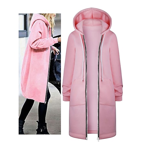 

Women's Hoodie Zip up Hooded Jacket with Drawstring Spring Jacket Winter Long Coat Warm Heated Jacket Long Sleeve Black Pink Wine