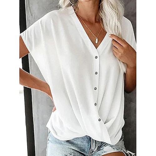 

T shirt Tee Femme Blanche Plein Bouton Manche Courte du quotidien Fin de semaine basique Col V Normal Standard S
