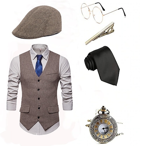 

Retro Vintage Roaring 20s 1920s Outfits Vest Waistcoat Panama Hat Accesories Set The Great Gatsby Gentleman Men's Cosplay Costume Christmas Prom Festival Vest