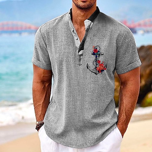 

Men's Shirt Linen Shirt Floral Graphic Prints Anchor Stand Collar Pink Blue Green Gray Outdoor Street Short Sleeve Print Clothing Apparel Linen Fashion Streetwear Designer Casual