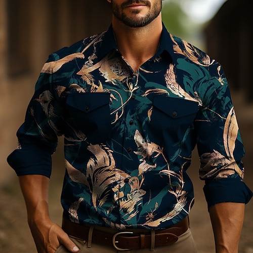 

Homens Camisa Social Estampas Abstratas Folhas Aberto para a Lateral Amarelo Azul Ao ar livre Rua Manga Longa Imprimir Roupa Moda Roupa de rua Designer Respirável