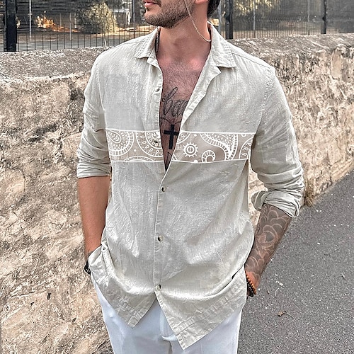 

Men's Shirt Linen Shirt Floral Graphic Prints Vintage Totem Turndown Pink Blue Gray Outdoor Street Long Sleeve Print Clothing Apparel Linen Fashion Streetwear Designer Casual