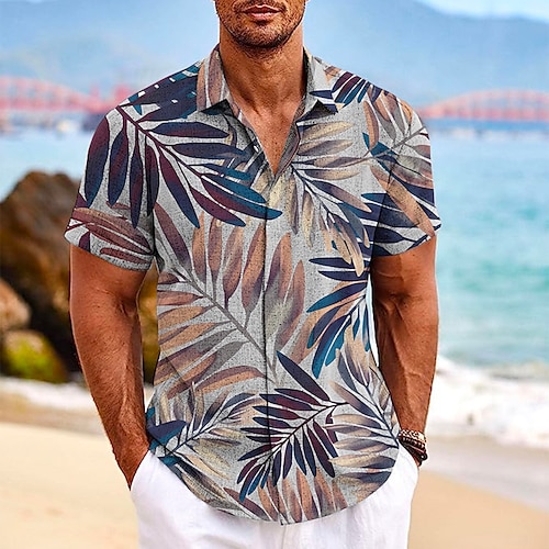 

Homme Chemise Chemise Lin Imprimés Photos Feuilles Col rabattu Noir Gris Extérieur Plein Air Manches courtes Imprimer Vêtement Tenue Lin Mode Design Décontractées Flexible