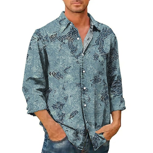 

Hombre Camisa Estampados Geometría Cuello Vuelto Azul Piscina Caqui Exterior Calle Manga Larga Estampado Ropa Moda Ropa de calle Design Casual