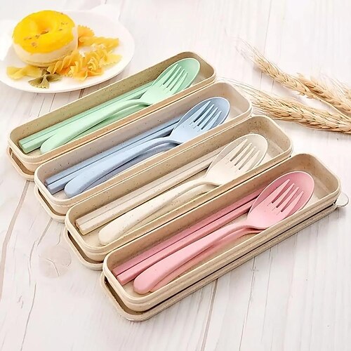 Portable Reusable Spoon Fork Travel Picnic Chopsticks Wheat Straw