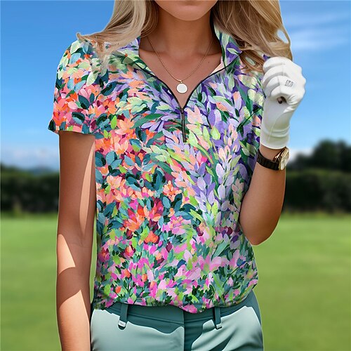 

Mulheres Camisa polo de caminhada Camisa de golfe Respirável Secagem Rápida Pavio Humido Manga Curta Vestuário de golfe Roupas de golfe Normal Zíper Floral Verão Tênis Golfe Pickleball