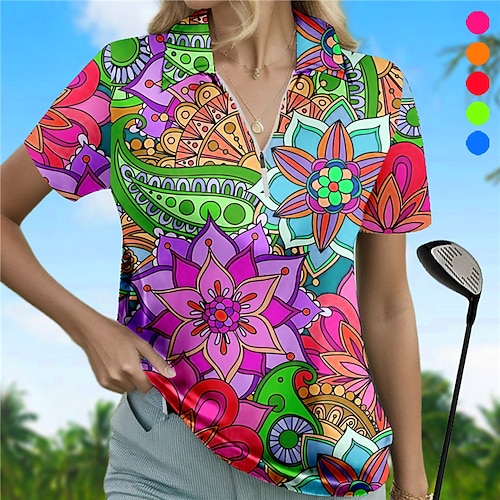 

Damen poloshirt Golfhemd Atmungsaktiv Schnelltrocknend Feuchtigkeitsableitung Kurzarm Golfbekleidung Golfkleidung Regular Fit Zip Blumen Sommer Tennis Golfspiel Pickleball