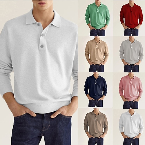 

Men's Golf Shirt Knit Polo Street Casual Polo Collar Classic Long Sleeve Fashion Casual Solid Color Plain Button Front Simple Spring Fall Regular Fit Black White Light Green Pink Wine Navy Blue