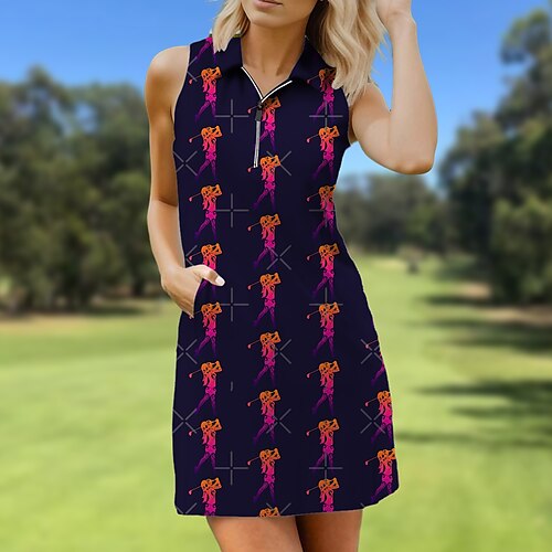 

Women's Tennis Dress Golf Dress Breathable Quick Dry Moisture Wicking Sleeveless Dress Tennis Outfit Zipper Printed Summer Tennis Golf Pickleball