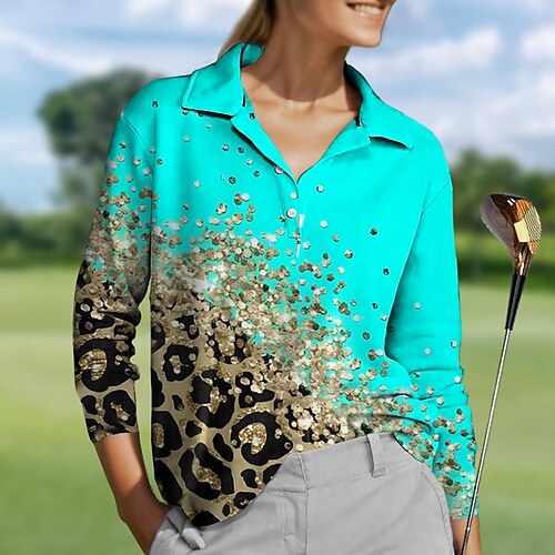 

Damen poloshirt Golfhemd Geknöpftes Poloshirt Atmungsaktiv Schnelltrocknend Feuchtigkeitsableitung Langarm Golfbekleidung Golfkleidung Regular Fit Leopard Frühling Herbst Tennis Golfspiel Pickleball