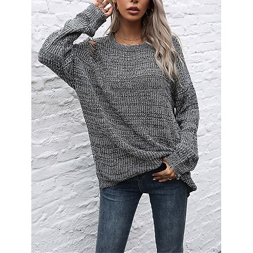 

Mujer Suéter de punto Puente Estriado Tejer De Gran Tamaño Color sólido Cuello Barco Elegante Casual Exterior Diario Otoño Invierno Negro S M L