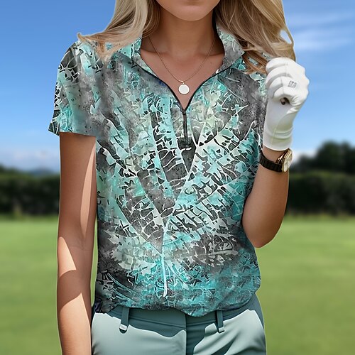 

Damen poloshirt Golfhemd Atmungsaktiv Schnelltrocknend Feuchtigkeitsableitung Kurzarm Golfbekleidung Golfkleidung Regular Fit Zip Stehkragen Blatt Sommer Tennis Golfspiel Pickleball