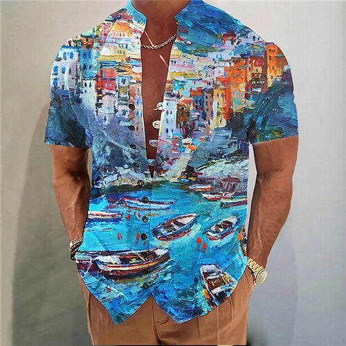 

Hombre Camisa camisa de lino Paisaje Estampados Escote Chino Amarillo Azul Real Azul Piscina Azul Oscuro Exterior Calle Manga Corta Estampado Ropa Lino Moda Ropa de calle Design Casual