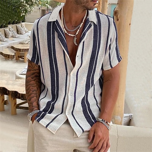 

Men's Shirt Button Up Shirt Summer Shirt Camp Collar Shirt Cuban Collar Shirt Black Green Blue / White Short Sleeve Striped Turndown Street Casual Button-Down Clothing Apparel Fashion Casual