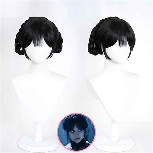 

Wednesday Cosplay Wednesday Addams Wig Black Hair / Necklace With Necklace Halloween Cosplay Party Wigs