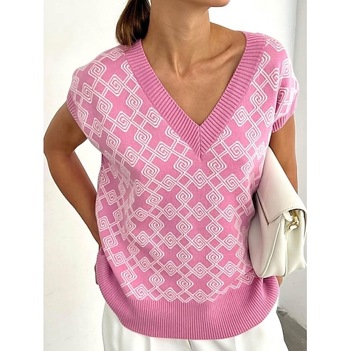 

Mujer Chaleco suéter Puente Croché Tejer Estampado Plaid Escote en Pico Sensual Casual Diario Festivos Verano Otoño Negro Rosa S M L