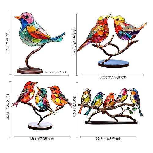 Stained Glass Birds On Branch Desktop Ornaments,Metal Flat Vivid Birds  Decorations On Branch,Double Sided Hummingbird Craft Statue Table Gift for  Bird