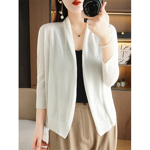 

Gilet Cardigan Maille Femme A côtes Tricoter énorme Couleur unie Col V mode Décontractées Extérieur du quotidien Manches 3/4 Eté Automne Noir Blanche M L XL