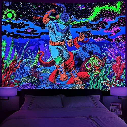 

astronauta trippy blacklight tapeçaria uv reativo cogumelo enevoado natureza paisagem tapeçaria pendurada parede arte mural para sala de estar quarto caveira tapeçarias hippie esqueleto