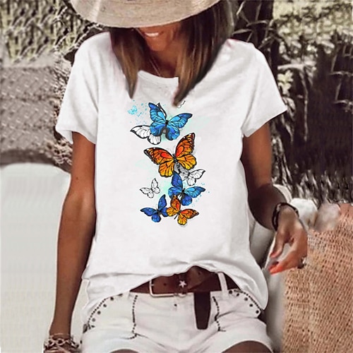 

Mujer Camiseta Negro Blanco Rosa Mariposa Estampado Manga Corta Diario Fin de semana Básico Escote Redondo Regular Mariposa Pintura S