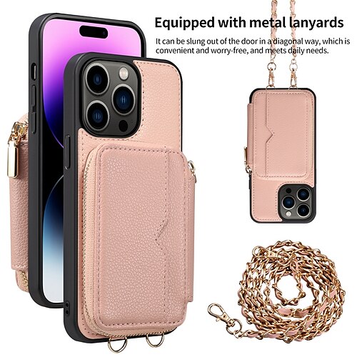 

téléphone Coque Pour Apple iPhone 15 Pro Max Plus 14 13 12 11 X XR XS 8 7 Coque Arriere Sac à main Portefeuille fermeture Éclair avec bandoulière amovible Avec porte-cartes Couleur unie TPU faux cuir