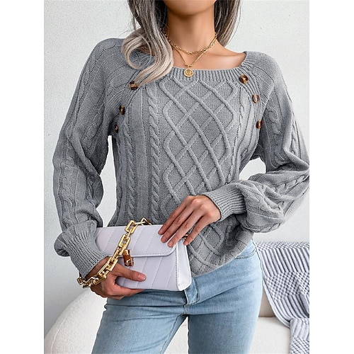 

Women's Pullover Sweater Jumper Jumper Cable Knit Button Solid Color Square Neck Stylish Casual Daily Holiday Spring Fall Black White S M L