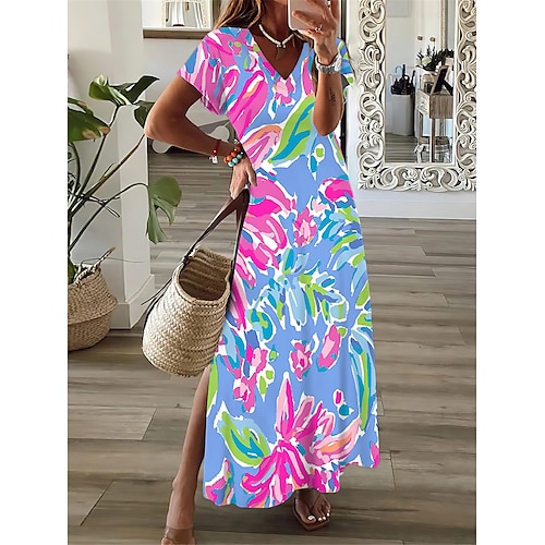 

Women's Casual Dress A Line Dress Summer Dress Floral Split Print V Neck Long Dress Maxi Dress Fashion Streetwear Outdoor Daily Short Sleeve Regular Fit White Blue Purple Summer Spring S M L XL XXL