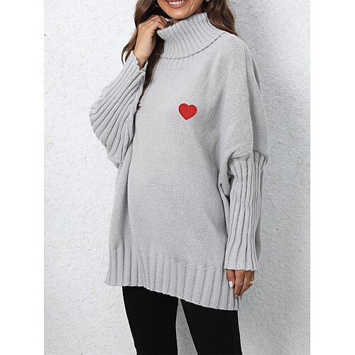 

Mujer Suéter de punto Puente Estriado Tejer De Gran Tamaño Corazón Cuello Alto Elegante Casual Diario Noche Otoño Invierno Negro Vino Tamaño Único