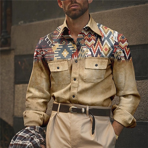 

Homme Chemise Tribal Imprimés Photos Rétro Vintage Géométrie Col rabattu Rose Claire Bleu Vert Kaki Gris Extérieur Plein Air manche longue Imprimer Vêtement Tenue Mode Vêtement de rue Design