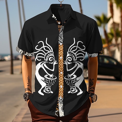 

Men's Shirt Tribal Graphic Prints Vintage Turndown Black White Outdoor Street Short Sleeves Print Clothing Apparel Fashion Streetwear Designer Casual