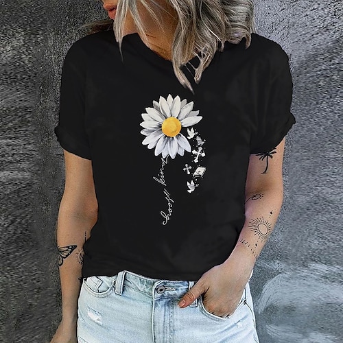 

Mujer Camiseta Negro Azul Marino Azul Real Margarita Estampado Manga Corta Festivos Fin de semana Básico Escote Redondo Regular Flor Pintura S