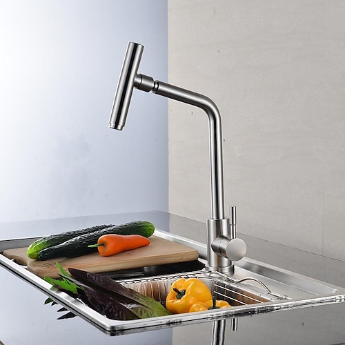 

Kitchen Faucet Sink Mixer Stainless Steel Vessel Taps, 360 Degree Rotate Single Handle with G1/2 Cold and Hot Hose