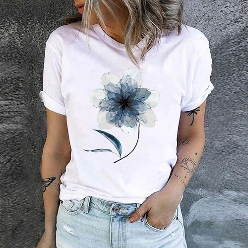 

T shirt Tee Femme Noir Blanche Violet Floral Imprimer Manche Courte Vacances Fin de semaine basique Col Rond Normal Standard Fleur Peinture S