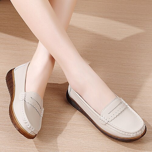 Casual Solid Flat Shoes Faux Leather For Women - Beige