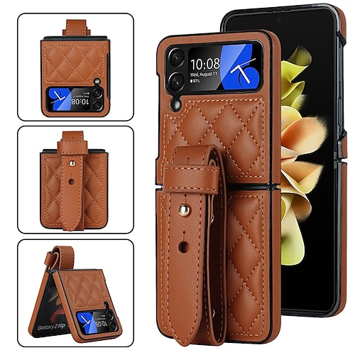 

Phone Case For Samsung Galaxy Z Flip 5 Z Flip 4 Z Flip 3 Back Cover with Wrist Strap Shockproof Solid Color PC PU Leather