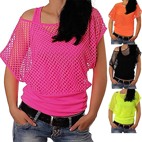 

Women Casual Sexy 80s Costumes Fishnet Neon Off Shoulder T-Shirt with Tank Top 1980s Retro Vintage Halloween Carnival Party Casual Daily 2 PCS