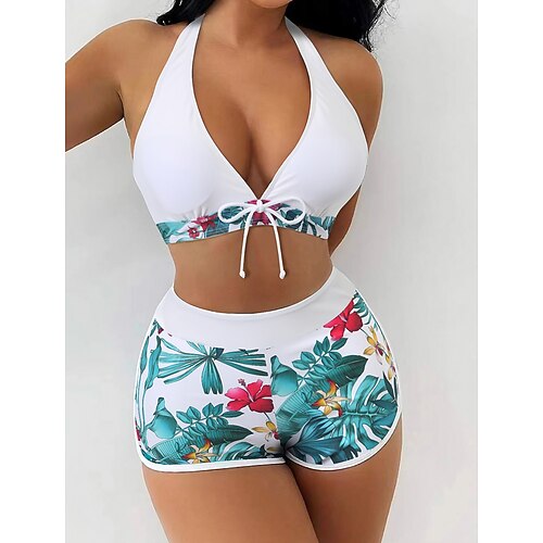

Conjunto de biquínis halter femininos sensuais shorts de cintura alta maiô acolchoado com decote em v profundo roupa de banho push-up feminina estampada roupa de praia