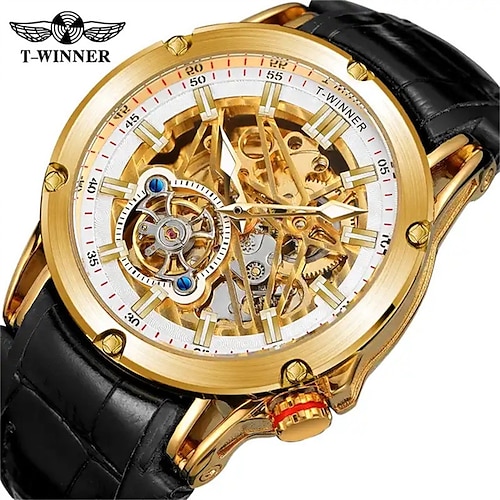 

WINNER Hombre Relojes Mecánico Lujo Esfera Grande Moda Negocios Calavera Cuerda Automática Tourbillon IMPERMEABLE Piel Reloj