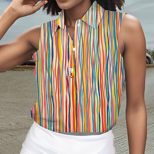 

Damen poloshirt Golfhemd Geknöpftes Poloshirt Atmungsaktiv Schnelltrocknend Feuchtigkeitsableitung Ärmellos Golfbekleidung Golfkleidung Regular Fit Streifen Sommer Tennis Golfspiel Pickleball