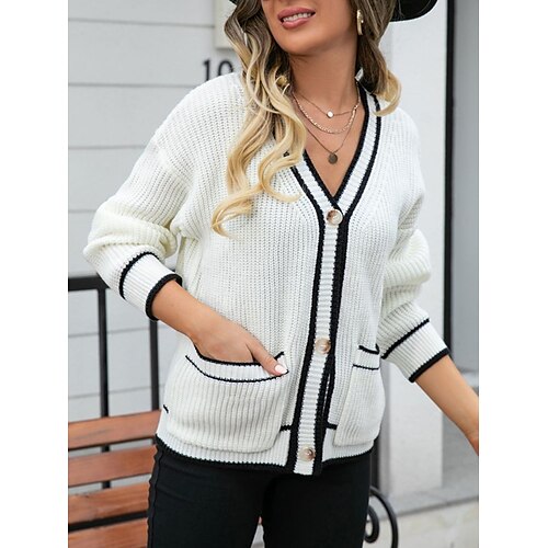 

Mujer Chaqueta de Punto Puente Estriado Tejer Botón Bolsillo Bloque de color Escote en Pico Elegante Casual Diario Noche Verano Otoño Negro Blanco S M L