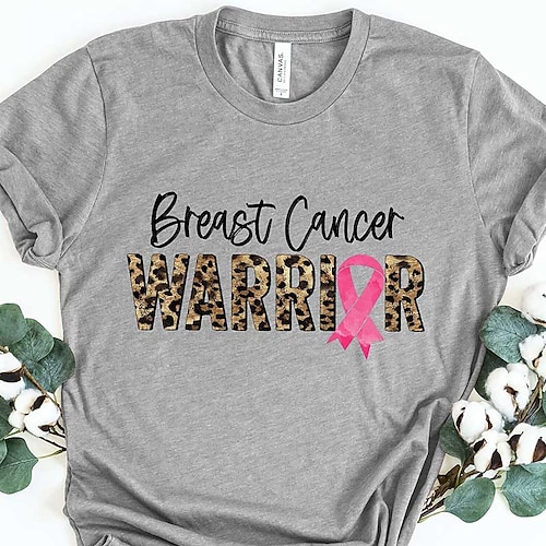 

Damen T Shirt Grau Leopard Buchstabe Bedruckt Kurzarm Täglich Wochenende Basic Rundhalsausschnitt Breast Cancer Warrior Farbe