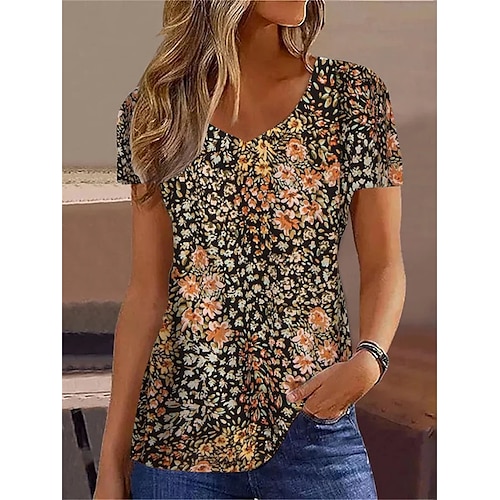 

Women's T shirt Tee Black Pink Blue Floral Print Short Sleeve Holiday Weekend Basic V Neck Floral Painting