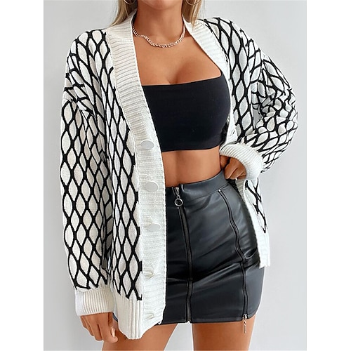 

Damen Strickjacke Strickwaren Gerippt Stricken Taste Geometrisch V Ausschnitt Stilvoll Brautkleider schlicht Täglich Ausgehen Sommer Herbst Schwarz Einheitsgröße