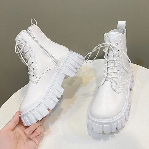 

Femme Bottes Bottes à lacets du quotidien Lacet Talon bloc Bout rond Minimalisme Polyuréthane Fermeture Couleur unie Noir Blanche