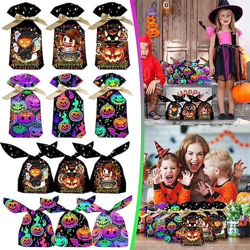 

50 unids/set halloween tramposo cinta de calabaza bolsa con cordón fantasma festival truco o trato dibujos animados calabaza esqueleto bolsa de dulces paquete de regalos